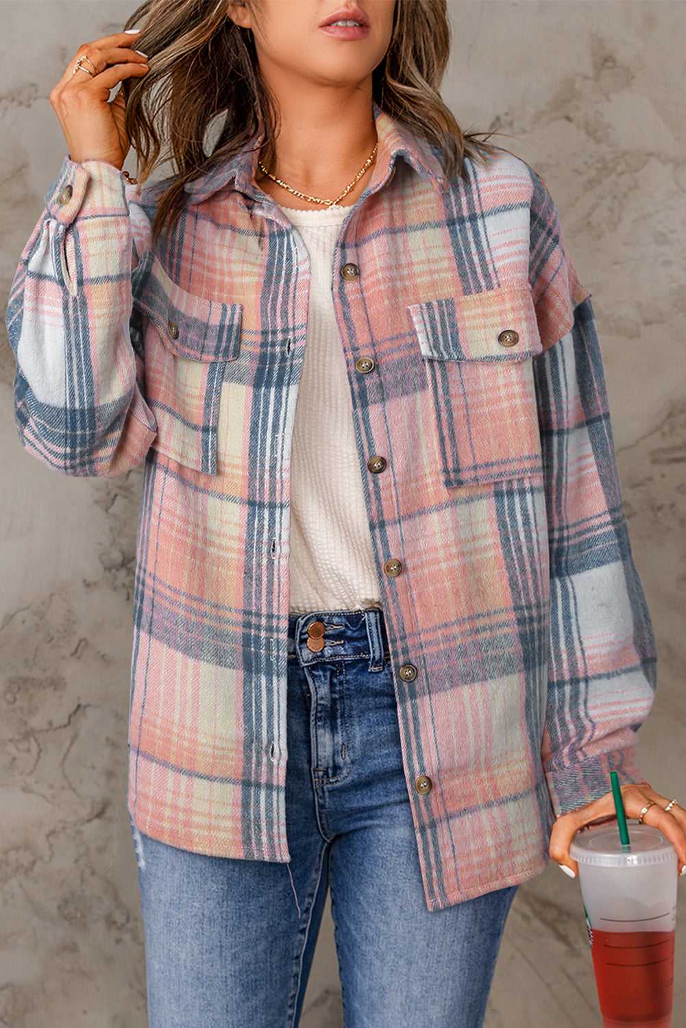 Addison Plaid Flap Pockets Shacket - Pink / M - 8/10