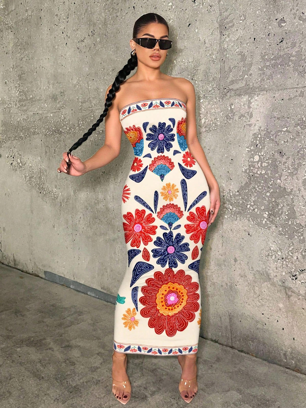 Chic YC Women's Strapless Floral Embroidered Bodycon Midi Dress Boho Summer Party Dress Multicolor / S