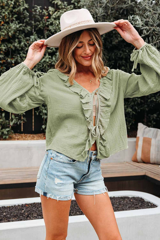 Threaded Pear Natalia Bow Tie Front Ruffle Trim Long Sleeve Gauze Blouse