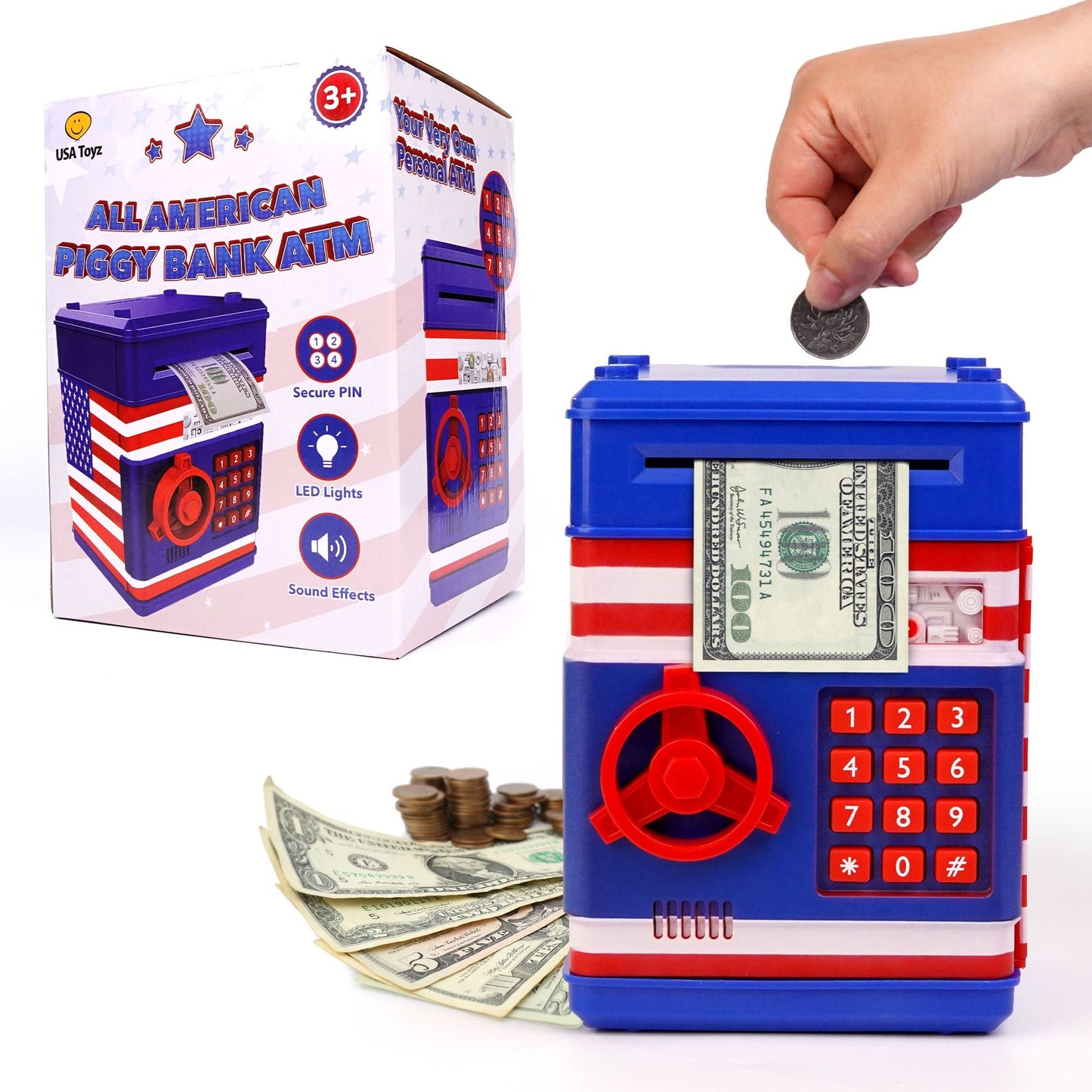 Blue and red piggy bank-
