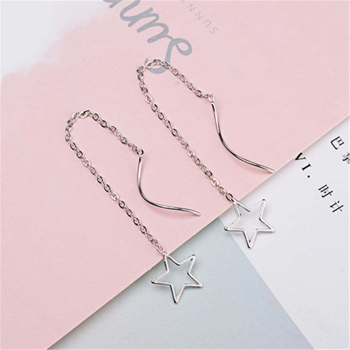 Silvertone Hollow Star Threader Earrings