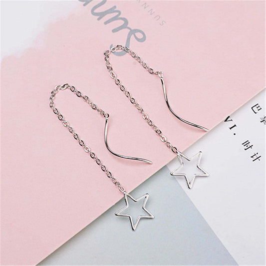 Silvertone Hollow Star Threader Earrings