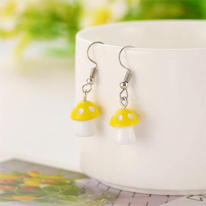 Yellow Resin & Silvertone Dot Mushroom Drop Earrings