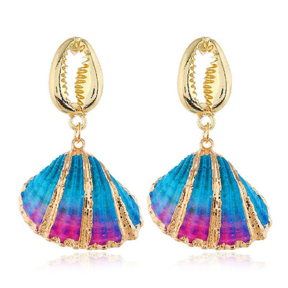 Blue Enamel & Goldtone Mixed Shell Drop Earrings