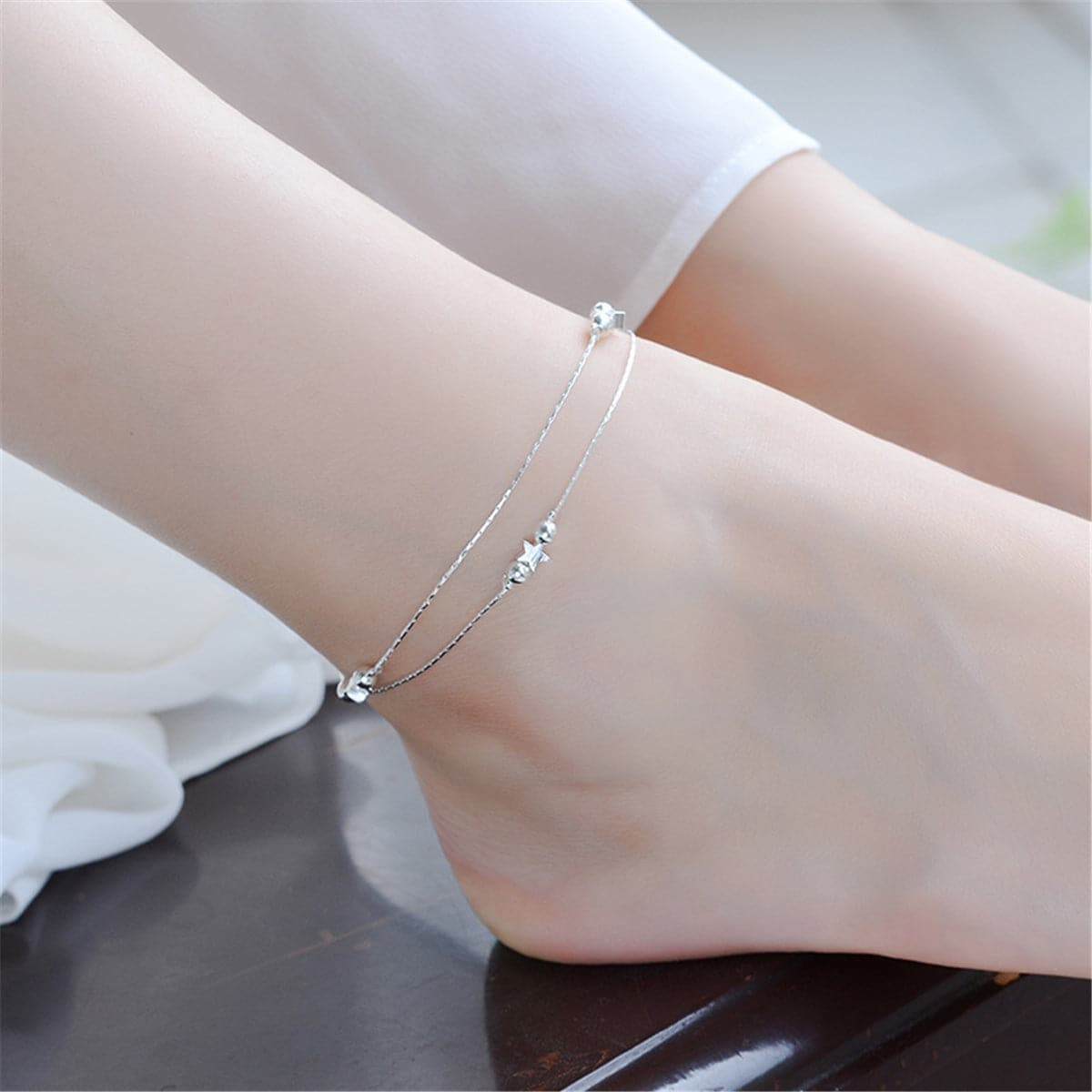 Silvertone Star Bead Layered Anklet