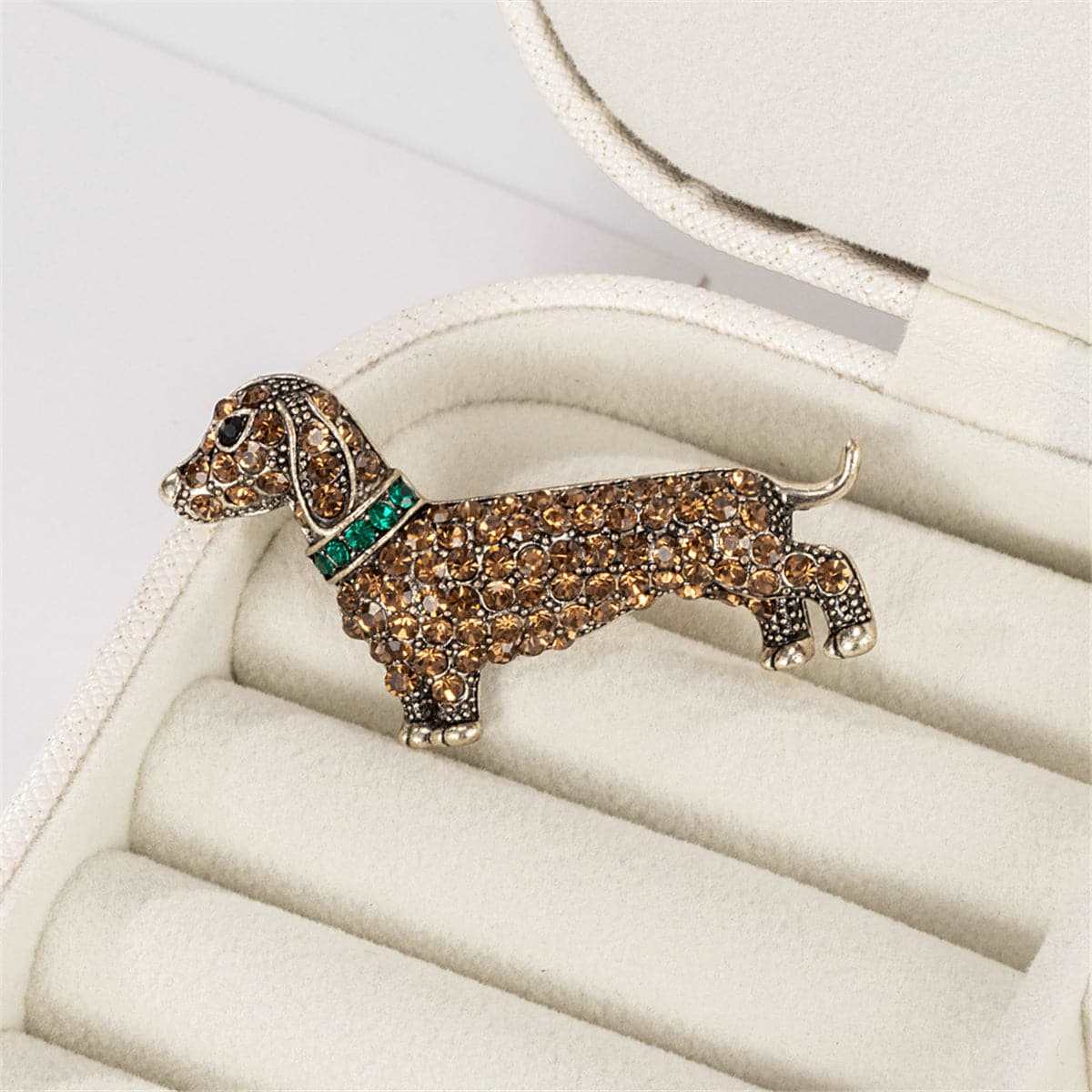 Brown Cubic Zirconia & Silvertone Dog Brooch