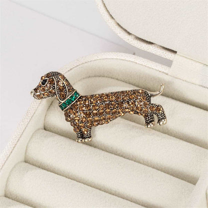Brown Cubic Zirconia & Silvertone Dog Brooch