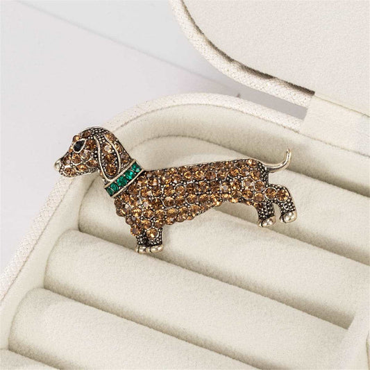 Brown Cubic Zirconia & Silvertone Dog Brooch