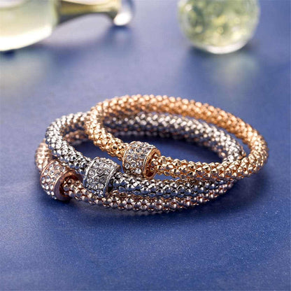 Cubic Zirconia & Tri-Tone Hollow Convex Bracelet Set