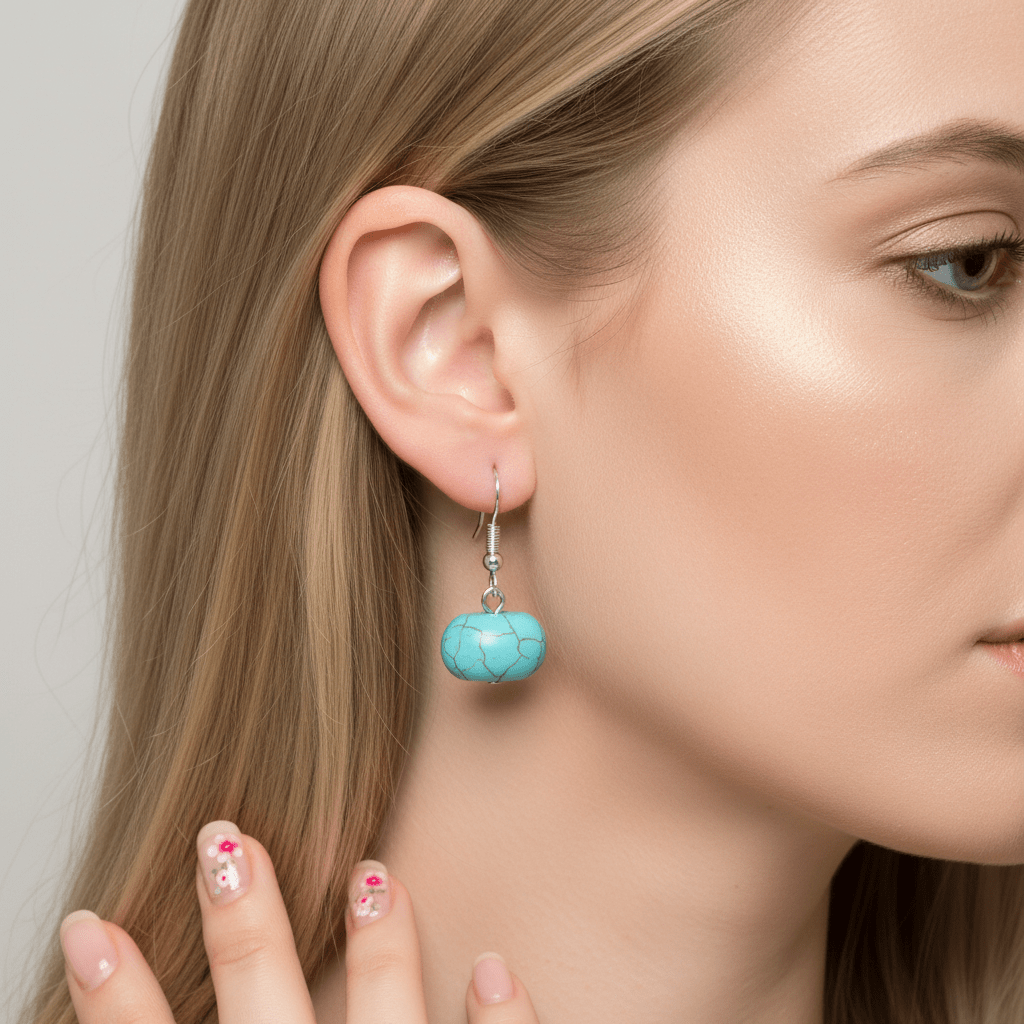 Turqouise & Silvertone Pumpkin-Shape Stone Hook Earrings