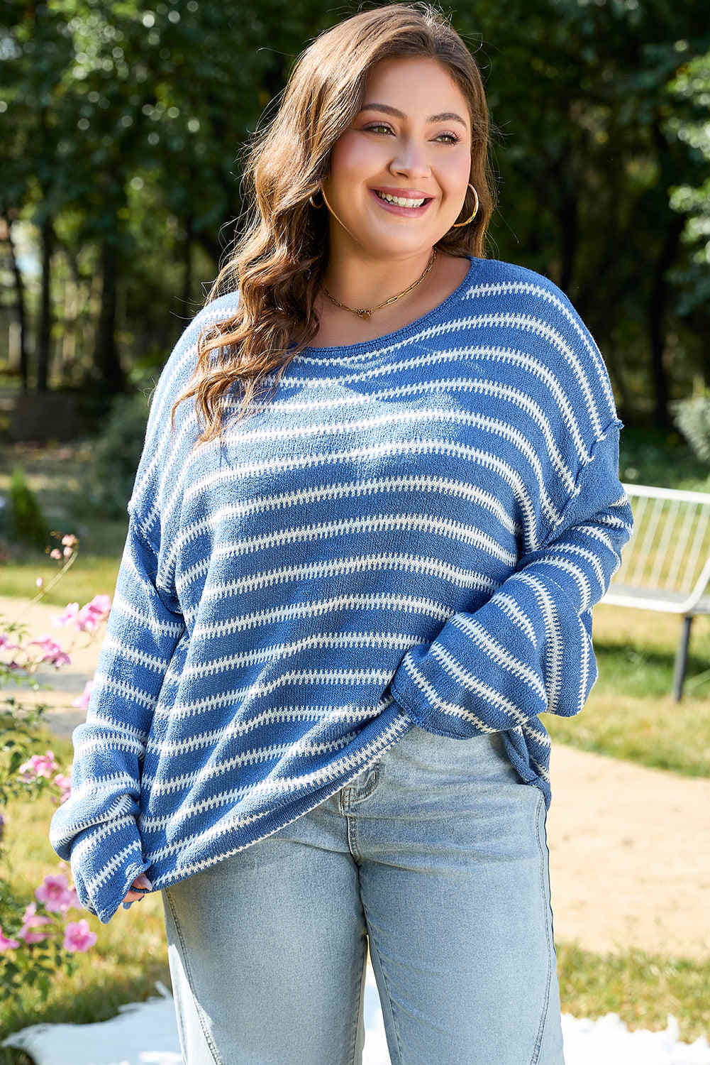 Elle Drop Shoulder O PLUS Sweater - Sky Blue Stripe / 1X - 14W-16W