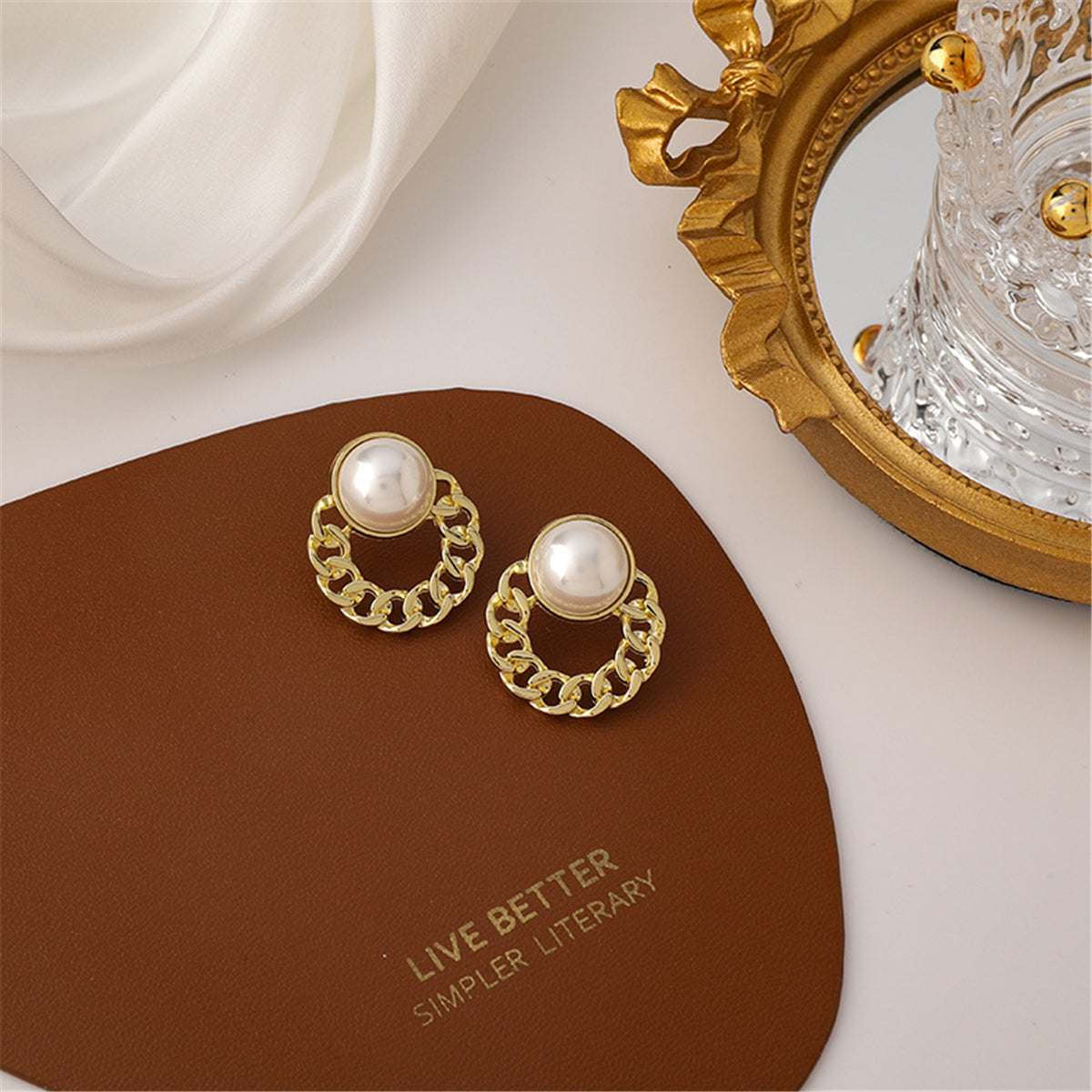 Pearl & Goldtone Curb Round Stud Earrings