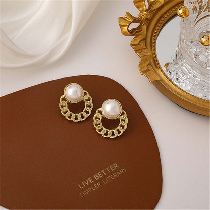 Pearl & Goldtone Curb Round Stud Earrings