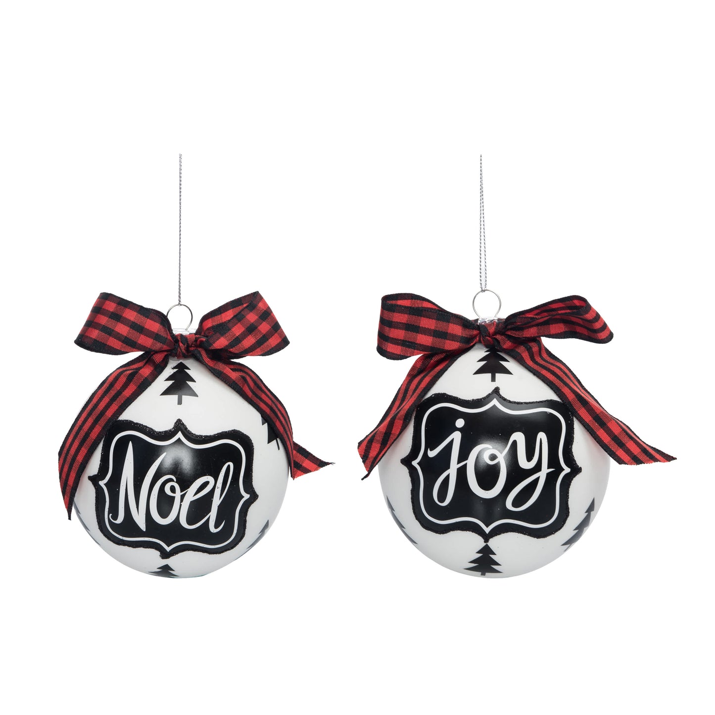 Glass Black Noel Joy Ornament Set of 2 with Red Bow Christmas Tree Decorations for Holiday Home Decor