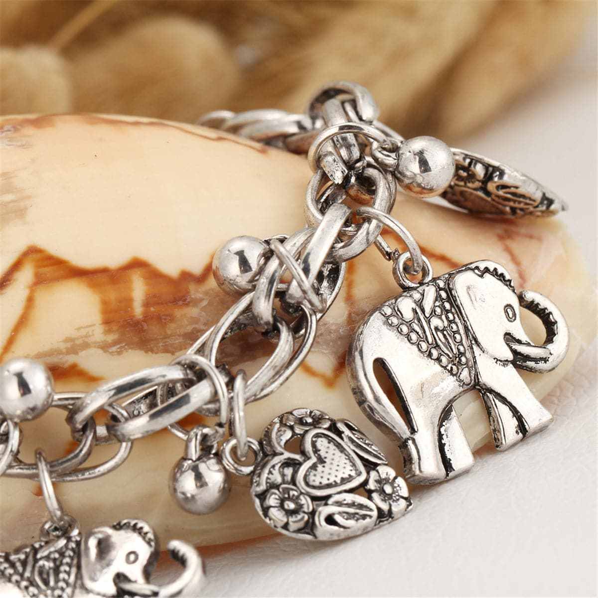 Silvertone Elephant Hearts Charm Anklet