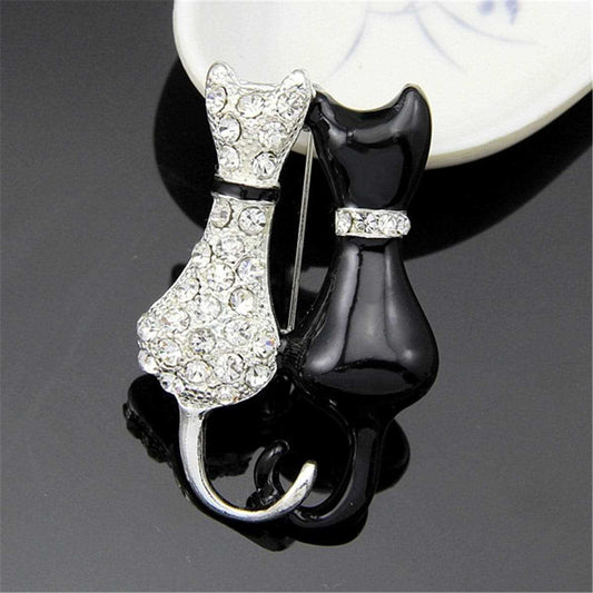 Cubic Zirconia & Black Kitty Brooch