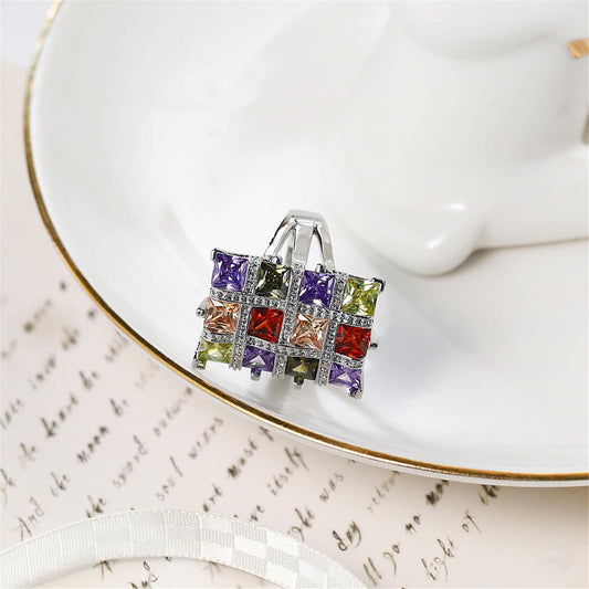 Multicolor Crystal & Cubic Zirconia Silvertone Block Ring