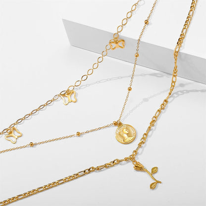 Goldtone Station Butterfly Pendant Layered Necklace