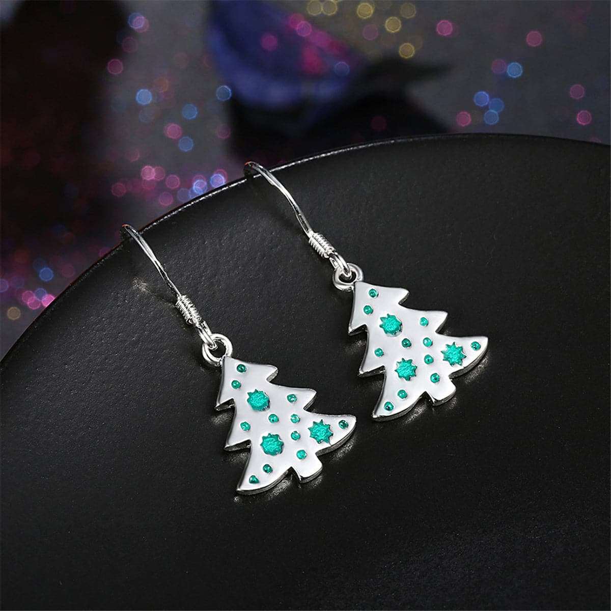 Green Enamel & Silvertone Tree Drop Earrings