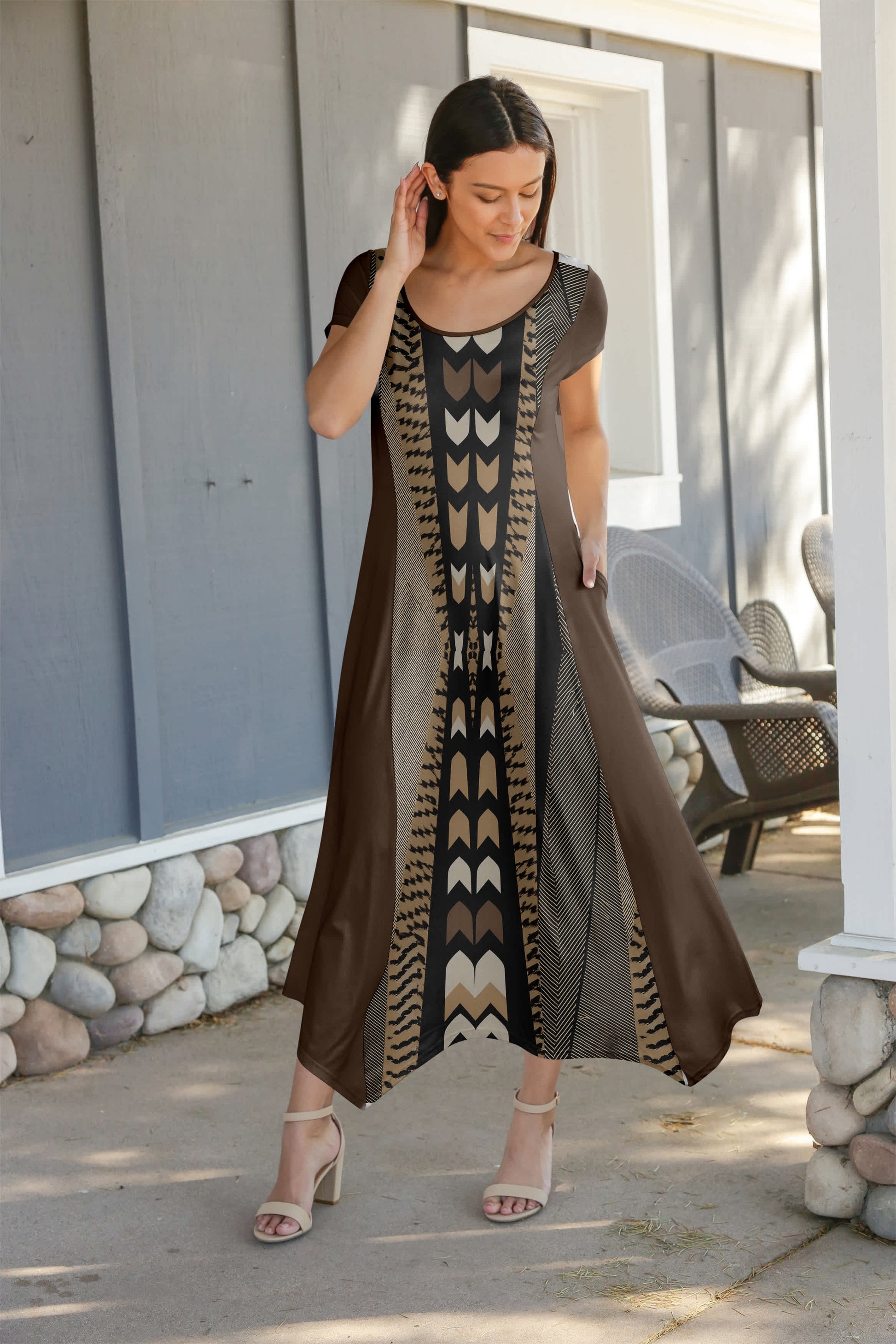 Lily by Firmiana Women's Cap Sleeve Fishtail Maxi Dress Brown & Tan Az Zulily Lily by Firmiana Women's Cap Sleeve Fishtail Maxi Dress Brown & Tan Az Zulily