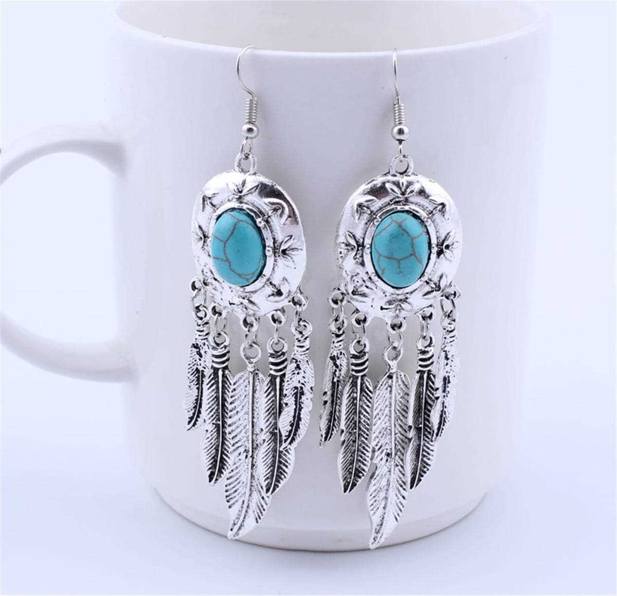 Turquoise & Silvertone Feather Drop Earrings
