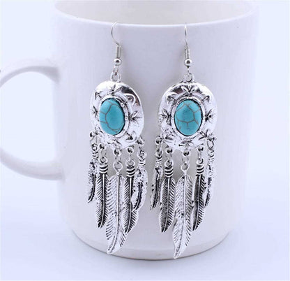 Turquoise & Silvertone Feather Drop Earrings
