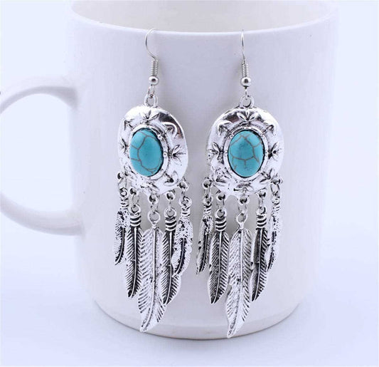 Turquoise & Silvertone Feather Drop Earrings