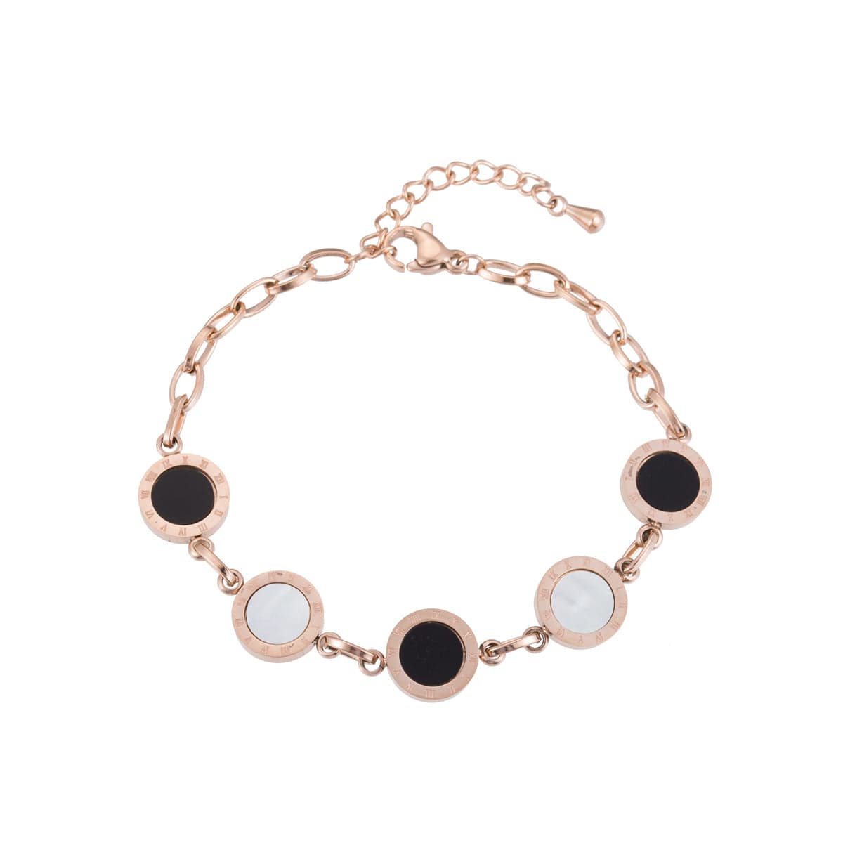 Black & Rose Goldtone Roman Numeral Plate Station Bracelet