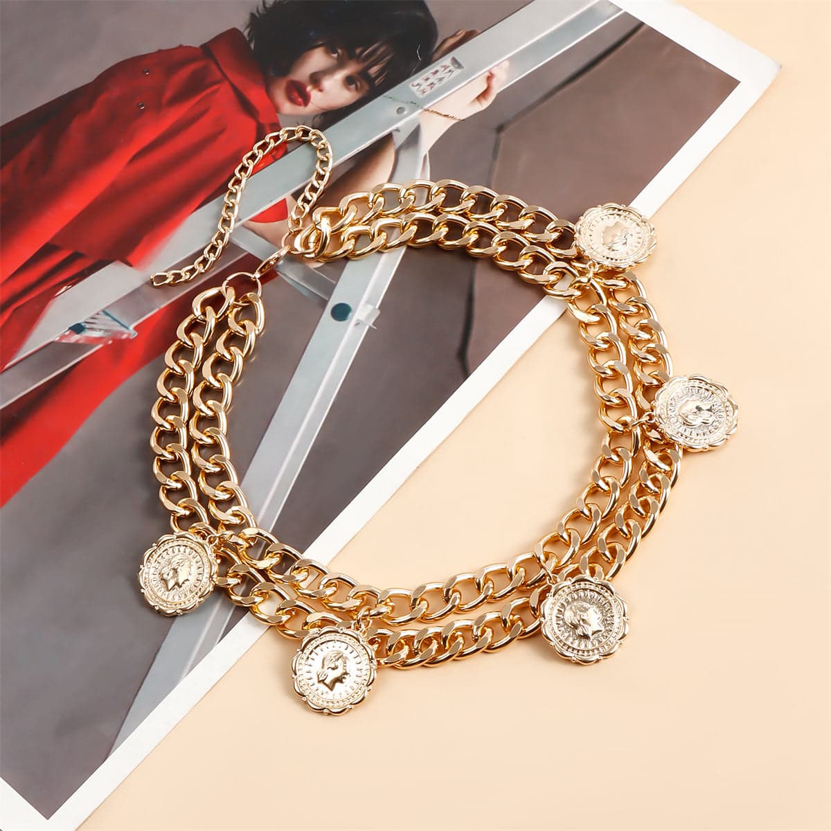 Goldtone Coin Station Layered Statement Necklace