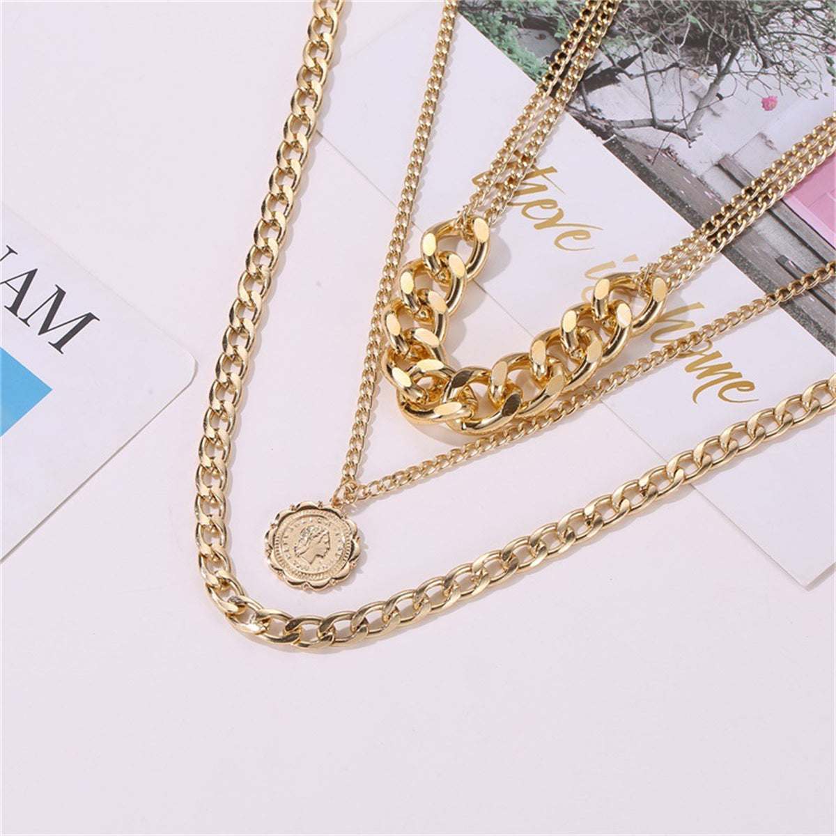 Goldtone Curb Chain Layered Necklace