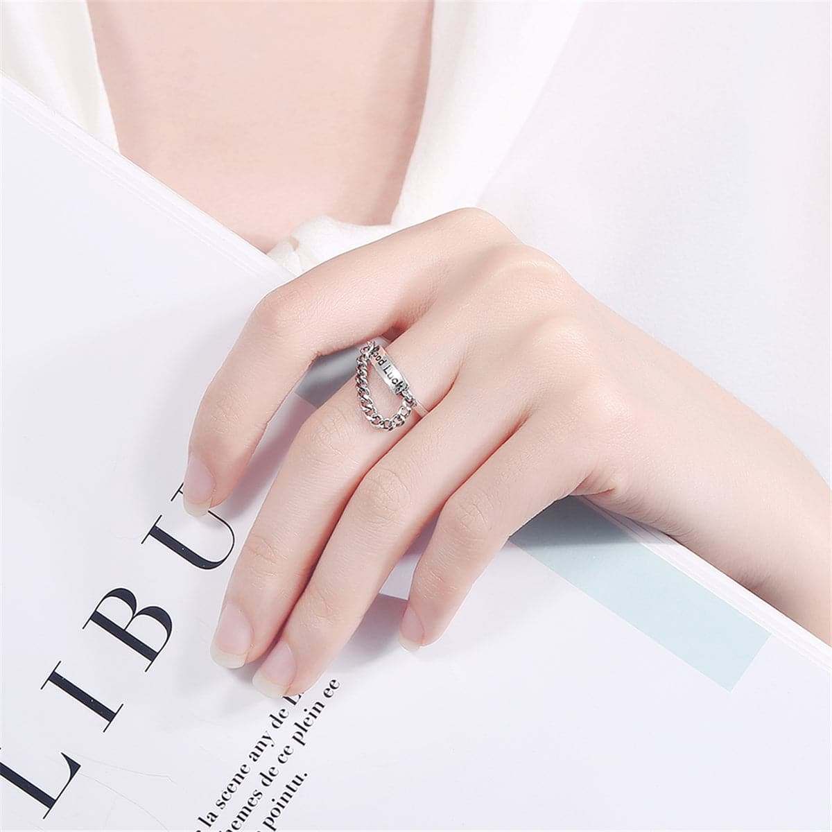 Silvertone 'Good Luck' Chain Open Ring