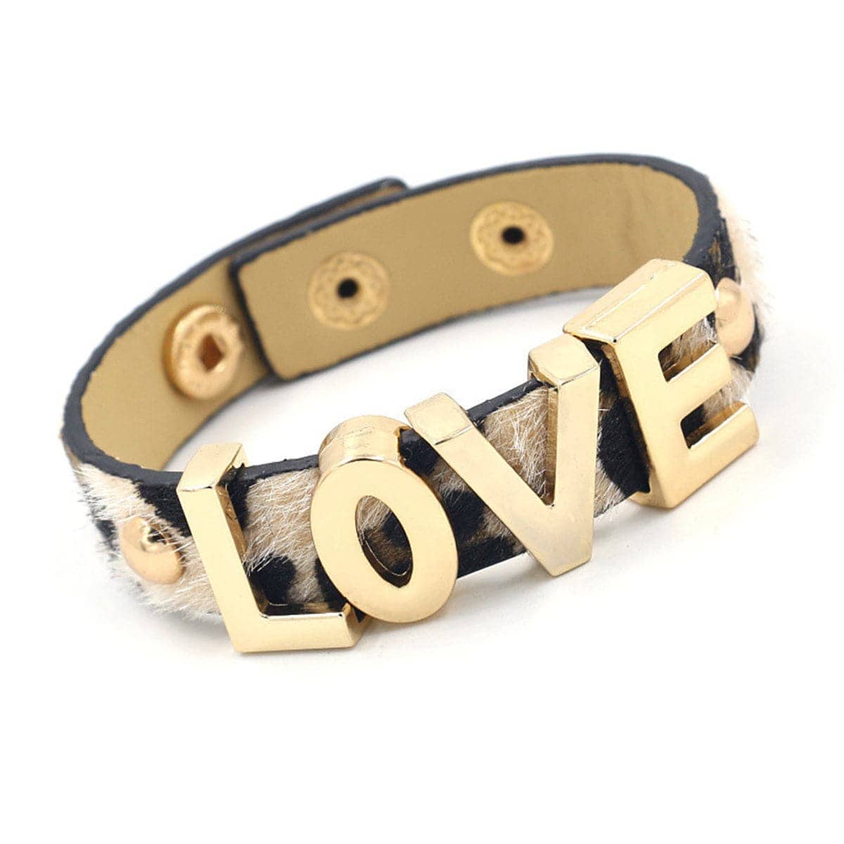 Light Coffee Polyurethane & Goldtone Leopard 'Love' Bracelet