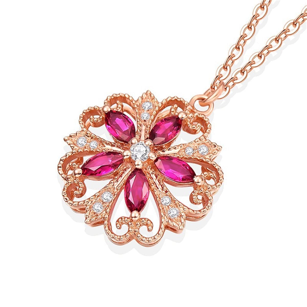 Red Crystal & Cubic Zirconia Rose Goldtone Floral Pendant Necklace-4