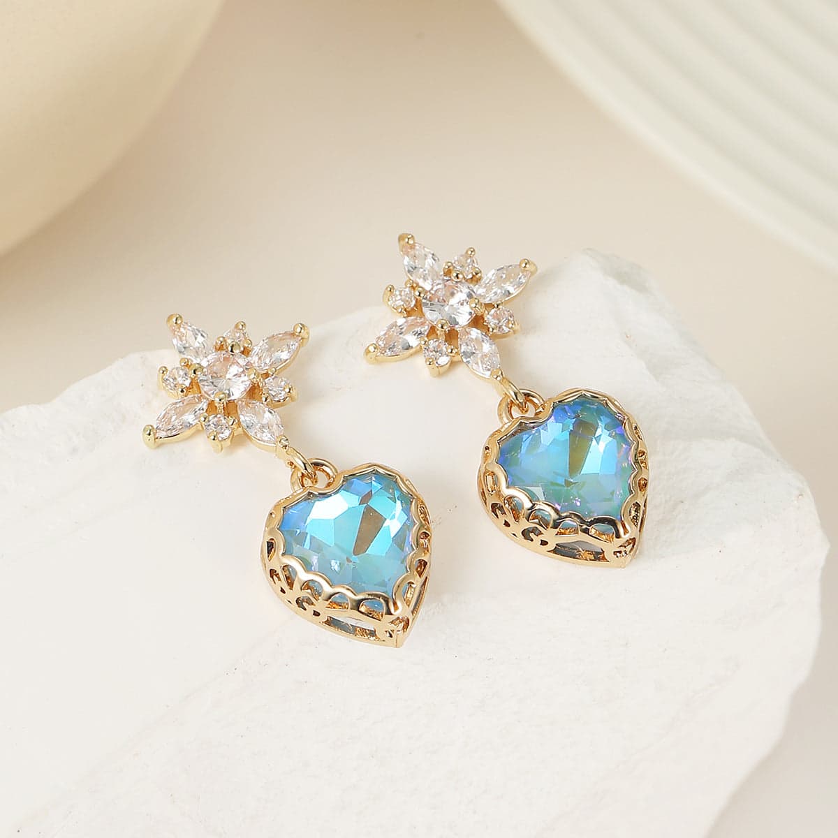 Blue Crystal & Cubic Zirconia Goldtone Star Heart Dangle Earrings