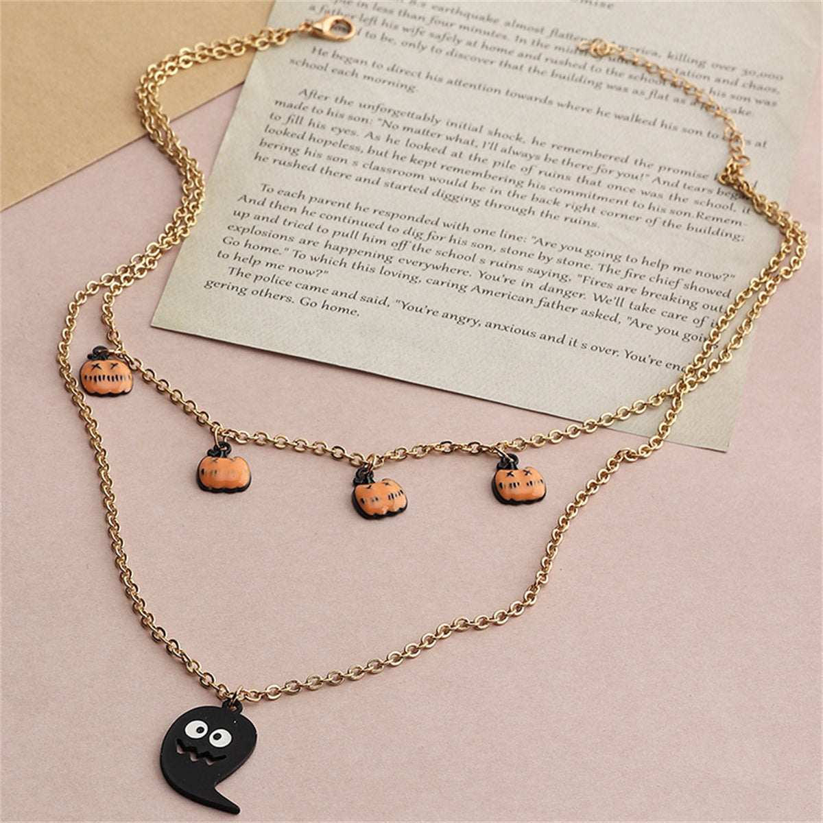 Goldtone & Black Enamel Ghost & Pumpkin Station Layered Pendant Necklace
