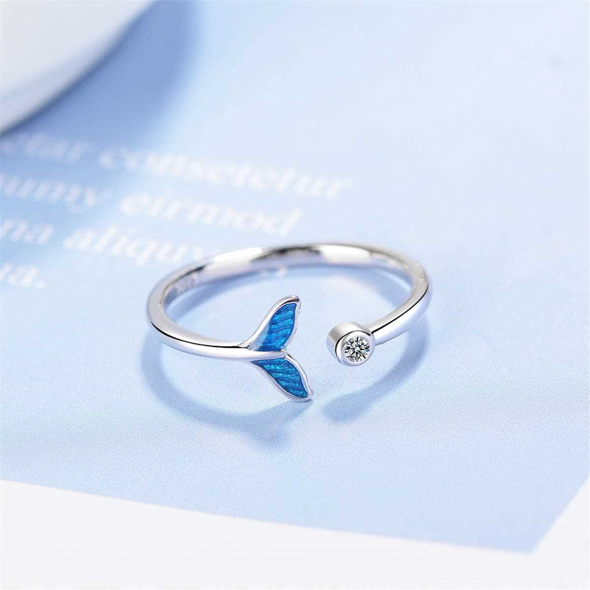 Blue Enamel & Cubic Zirconia Silvertone Fish Tail Ring