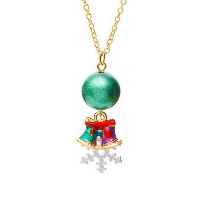 Green & Goldtone Snowflake Bells Pendant Necklace