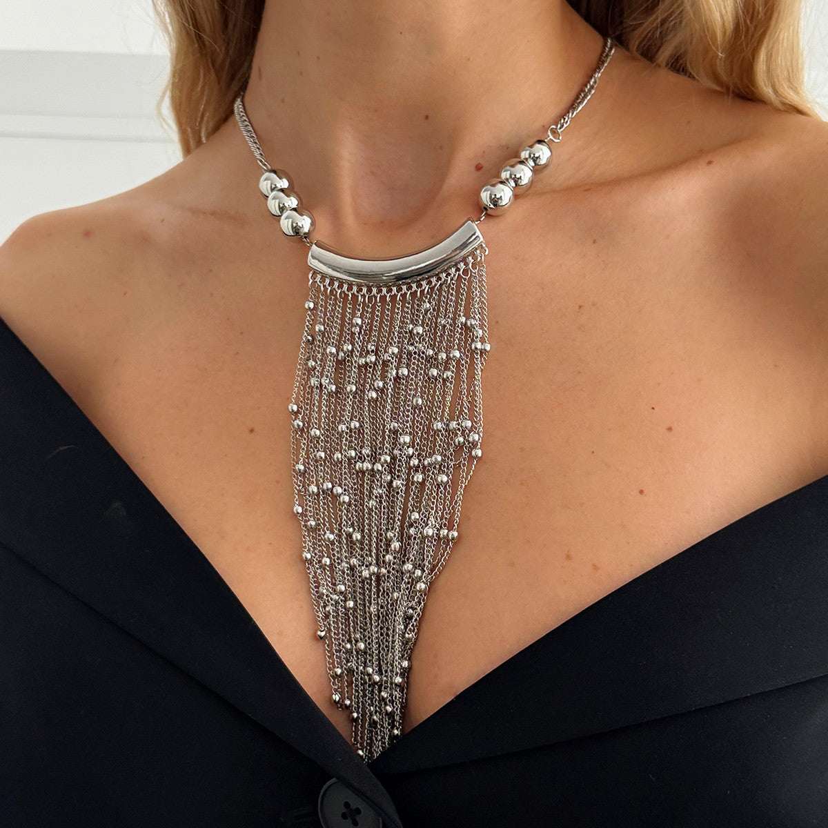 Silvertone Ball Tassel Statement Necklace