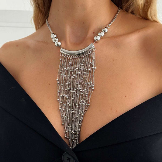 Silvertone Ball Tassel Statement Necklace