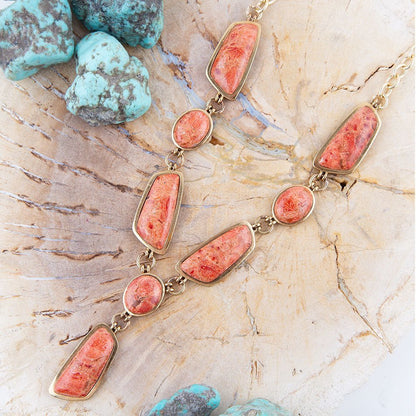 Genuine Orange Sponge Coral Golden Abstract Statement Necklace