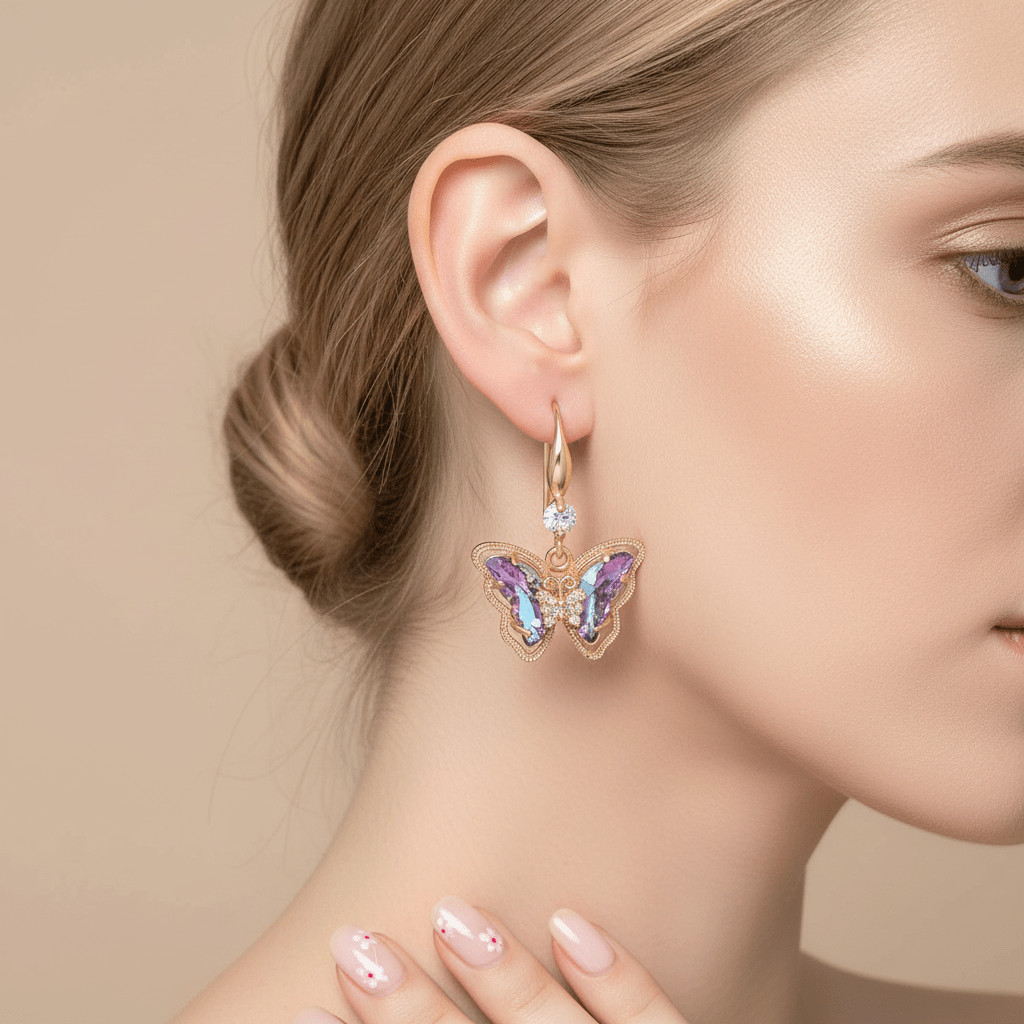 Purple Crystal & Cubic Zirconia Goldtone Butterfly Hook Earrings