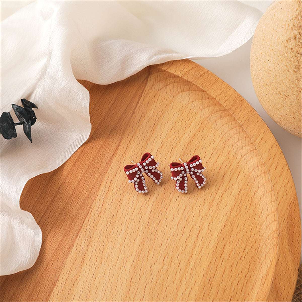 Pearl & Red Enamel Silvertone Bow Stud Earrings