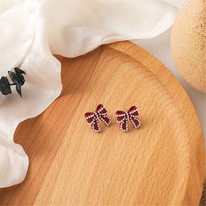 Pearl & Red Enamel Silvertone Bow Stud Earrings
