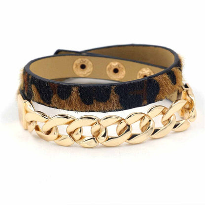 Brown Leopard Print & Goldtone Figaro Chain Layered Bracelet