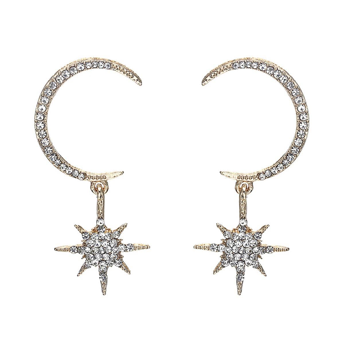 Cubic Zirconia & Goldtone Moon & Star Dangle Earrings