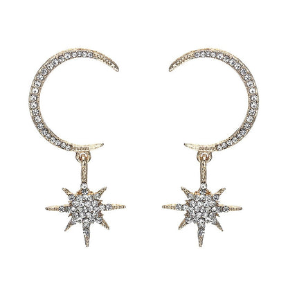 Cubic Zirconia & Goldtone Moon & Star Dangle Earrings