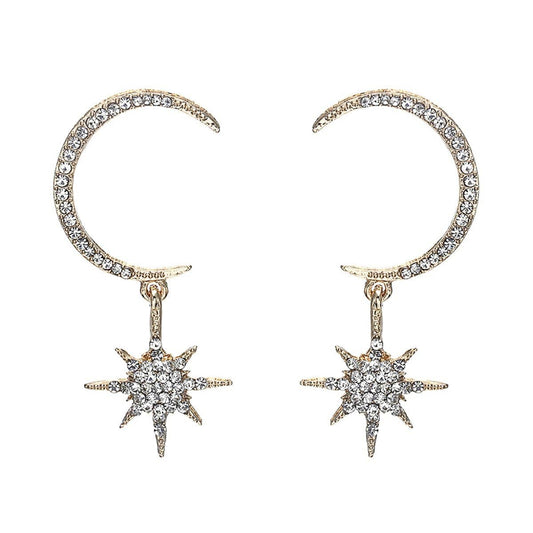 Cubic Zirconia & Goldtone Moon & Star Dangle Earrings