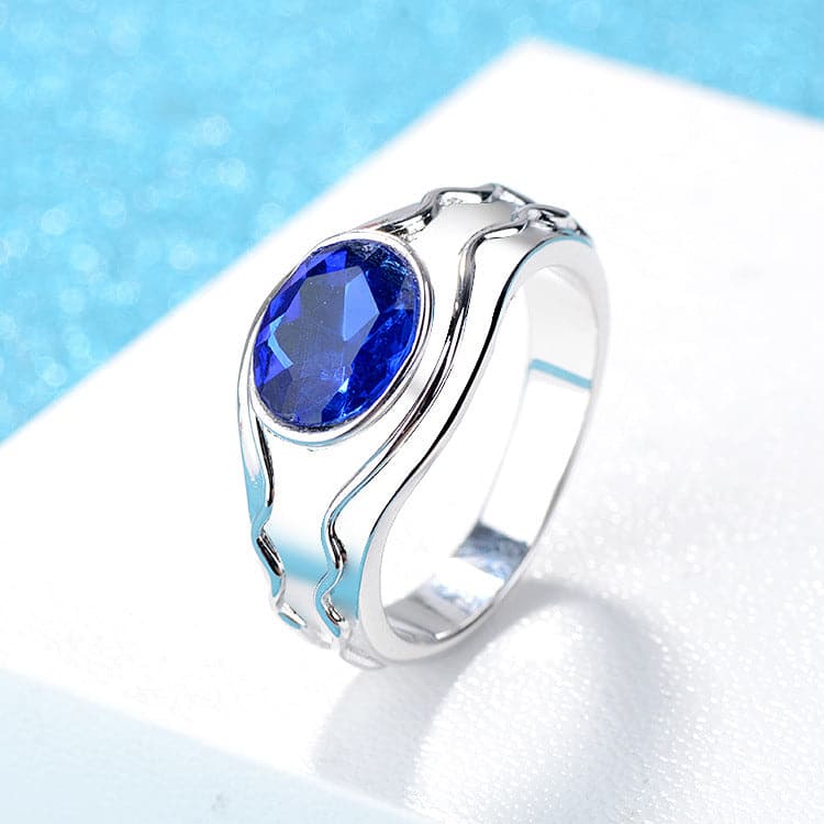 Blue Oval Crystal & Silvertone Band Ring-1