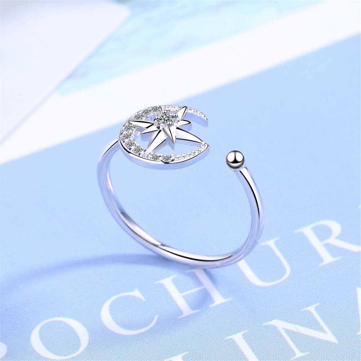 Cubic Zirconia & Silvertone Moon & Star Open Ring
