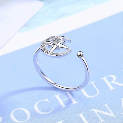 Cubic Zirconia & Silvertone Moon & Star Open Ring